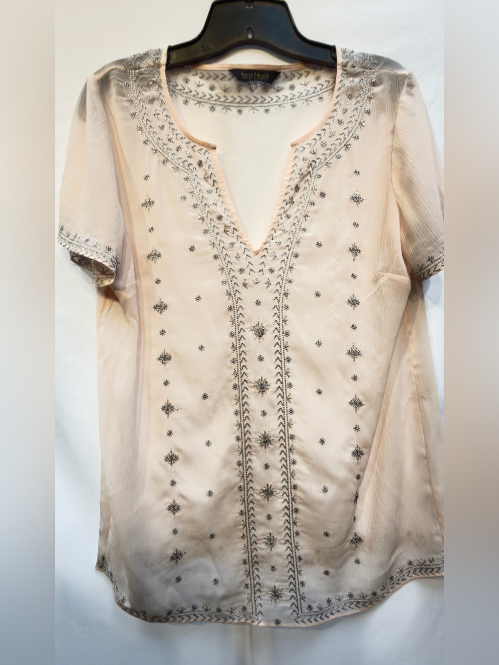 White House Black Market sheer blush top silver beaded embroidery notch neck